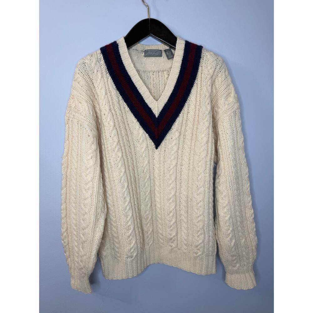 Lord & Taylor Vintage Men’s M Chunky Cable Knit Wool Deep V Sweater Cream